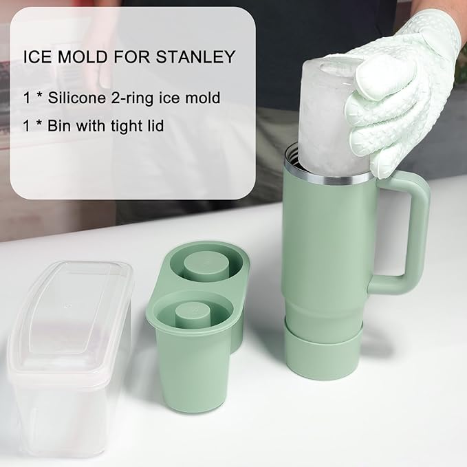 Ice Mold for Stanley Cup, Silicone Ice Cube Tray for Stanley Cup 30oz-40oz, Tumbler Ice Mold with Lid and Bin, Easy Release Cylinder Ice Cube Mold, 1 Pack, Eucalyptus