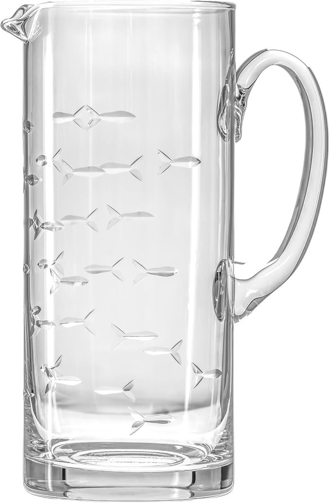 Rolf Glass School of Fish Pitcher | 44oz Glass Pitcher | Diamond Engraved in America | Coastal Fish Design | Lead-Free Glassware