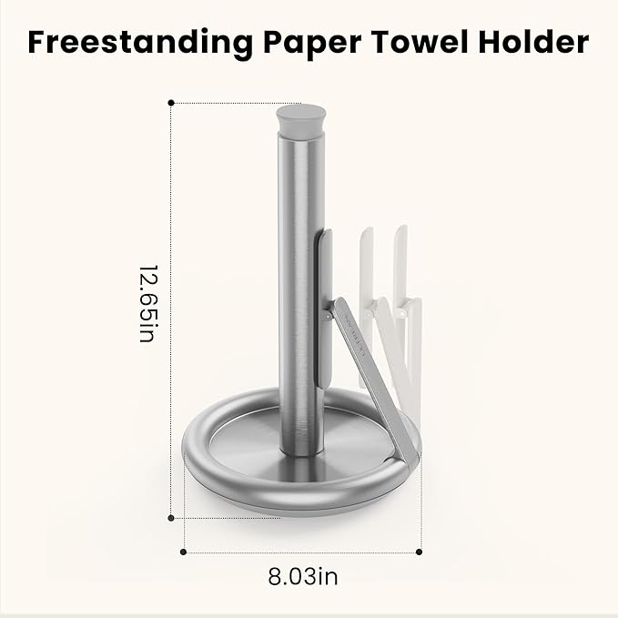 Ultrean Paper Towel Holder Countertop, Freestanding Paper Towel Dispenser with Spring-Loaded Arm for One-Handed Tear, Weighted Non-Slip Base, Stainless Steel for Kitchen