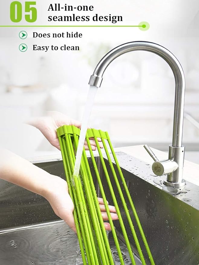Green Creative Roll-Up Dish Drying Rack Stainless Steel and Silicone Dish Drying Mat Convenient Over The Sink Foldable Drain Rack - 43x33cm(43 * 33cm)