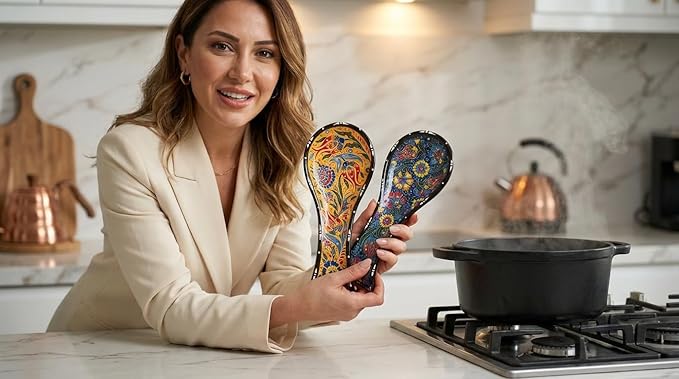 Handcrafted Turkish Ceramic Spoon Rest Set of 2-9" Large Spoon Holder for Stove Top - 100% Lead-Free & Heat Resistant - Decorative Ottoman Tulip Patterned Utensil Rest - Dishwasher Safe