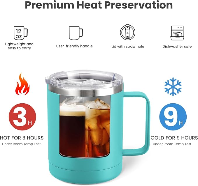 MEWAY 12oz Coffee Mug With Handle 8 Pack Bulk,Stainless Steel Insulated Travel Tumblers With Sliding Lid,Double Wall Vacuum Camping Cup for Hot & Cold Drinks Tea (Light Green,Set of 8)