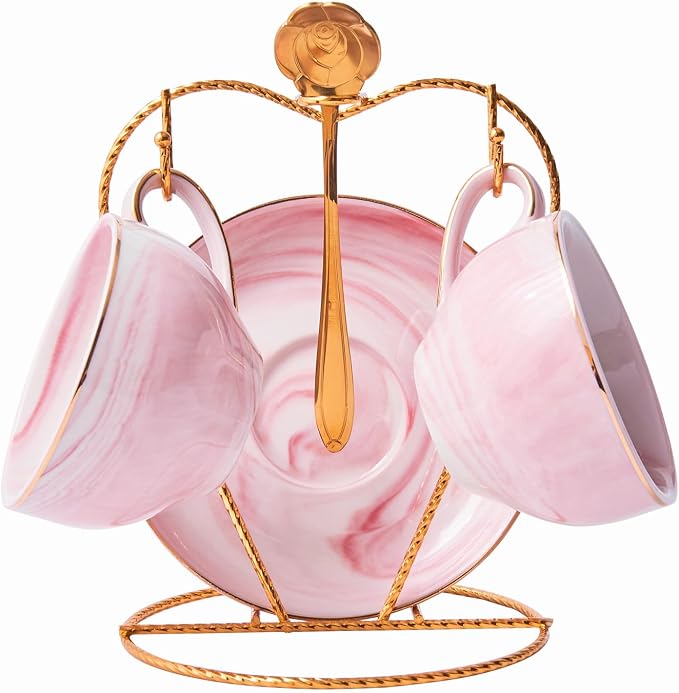 Ceramic Espresso Cups Set with Saucers and Metal Stand, 4 oz Porcelain Stackable Cappuccino Cups Teacup For Tea, Espresso, Latte, Coffee, Cafe Mocha (Pink