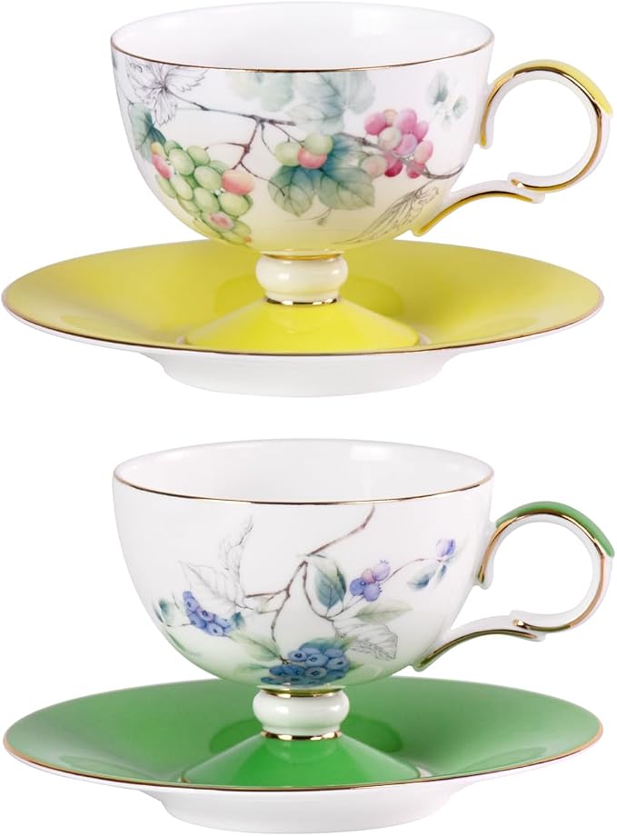 KAMMAK Ceramic Coffee Cups Saucers Set of 2, Porcelain Espresso Cups with Saucers, 7.44 oz Handcrafted Elegant Bone China Tea Cups, Grape & Blueberry Pattern Teacup for Party, Office, Women Gift