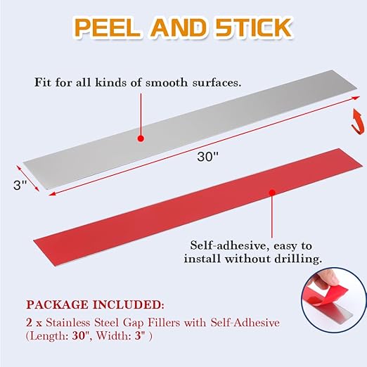 2Pcs 304 Brushed Stainless Steel Sheet Gap Filler, Metal Trim Strip for Wall Oven/Microwave Combo/Range/Cooktop, Self-Adhesive Gap Cover, 30 Inches Long, 3 Inches Wide