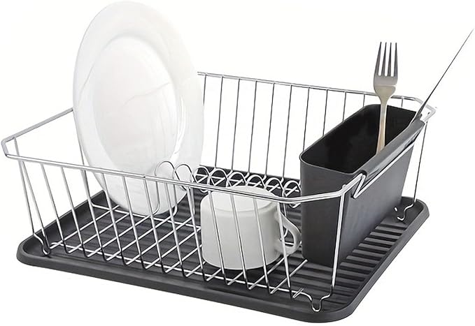Asixxsix Dish Drying Rack, Stainless Steel Sink Organization and Storage with Utensil Holder and Drainboard, Iron Dish Drainer Rack for Kitchen Counter Sink Spoons and Forks (Silver)