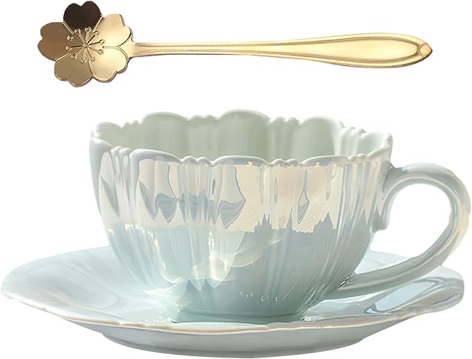 amokk Porcelain Coffee Mugs Flower Shaped Tea Cup and Saucer Set for Housewarming Gift Home Decor (Blue)