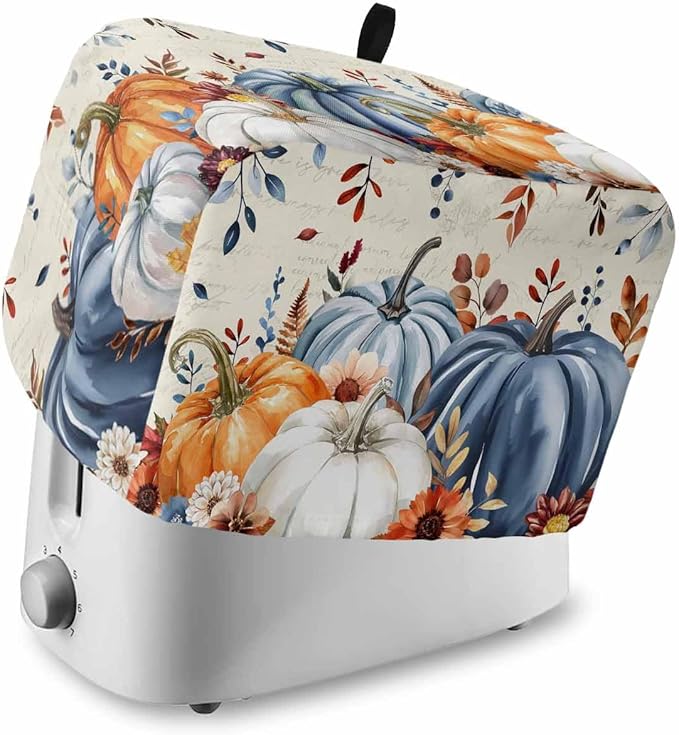 Blue White Pumpkins Fall Toaster Cover 2 Slice, Thanksgiving Leaves Dustproof Bakeware Oven Protector with Top Hook, Autumn Beige Waterproof Small Kitchen Appliance Toasters Dust Cover, 12"x7.5"x8"