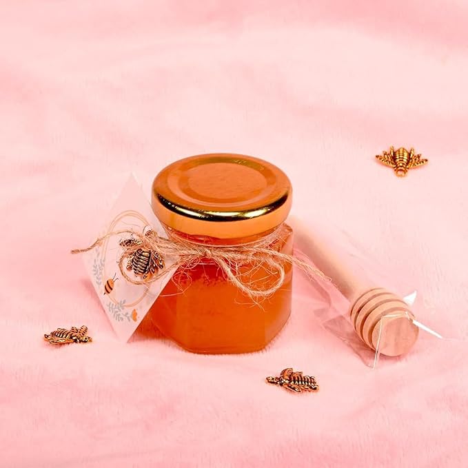 Adabocute Honey Pot, Mini Honey Jars with Wood Dipper, Gold Lid, Bee Pendants, Beige Gift Bags, Thanks for Beeing Here Tags, Ideal for Baby Showers & Wedding Favors, 40 Pack