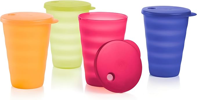Tupperware Brand Impressions 16 oz Tumblers - Set of 4 - Dishwasher Safe & BPA Free - Mess-Free Reusable Plastic Cups with Lids