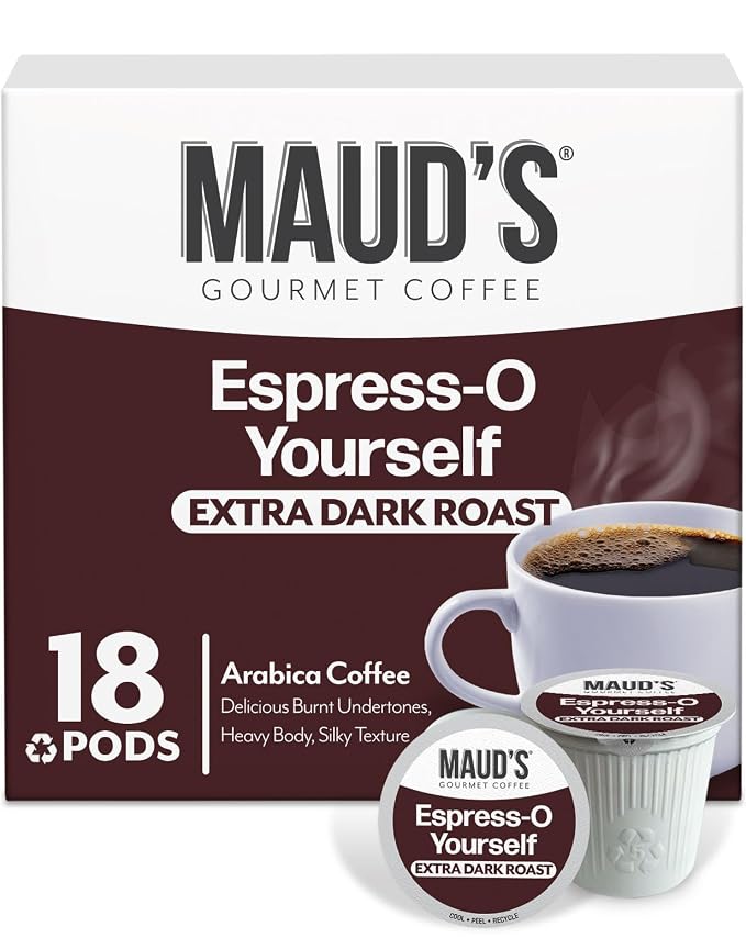 Maud's Espresso Roast Coffee Pods, 18 ct, Dark Roast Coffee in Single Serve Pods – 100% Arabica Coffee, Compatible with Keurig K Cups Maker