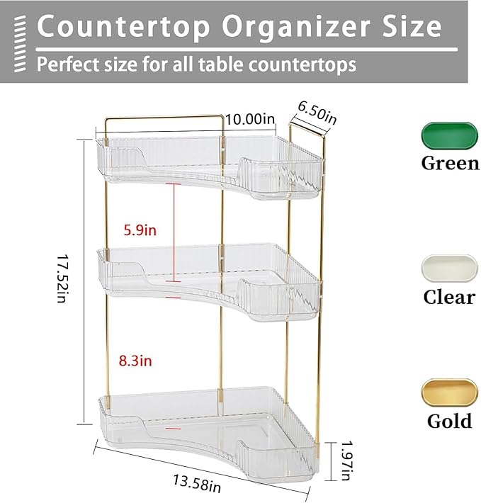 Corner Bathroom Counter Organizer, Vanity Trays for Bathroom, Skincare Makeup Organizer Shelf, Shelf Cosmetics, Toiletries, Lotions, Perfumes (3 Tiers, Clear)