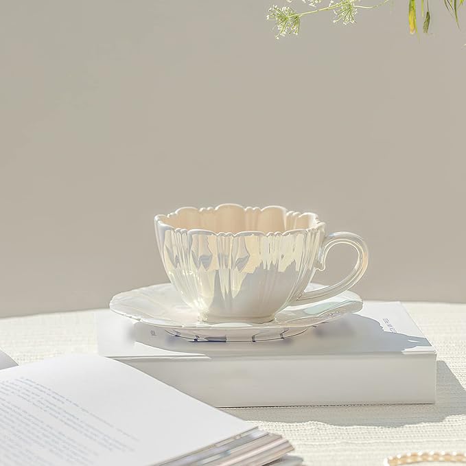 amokk Porcelain Coffee Mugs Flower Shaped Tea Cup and Saucer Set for Housewarming Gift Home Decor (White)