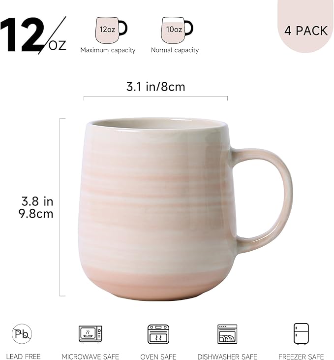 Coffee Mugs, Set of 4 Pink Ceramic Mugs with Subtle Stripe Texture - 12oz Cups, Microwave & Dishwasher Safe, Modern Minimalist Design for Home, Office, Gift Giving