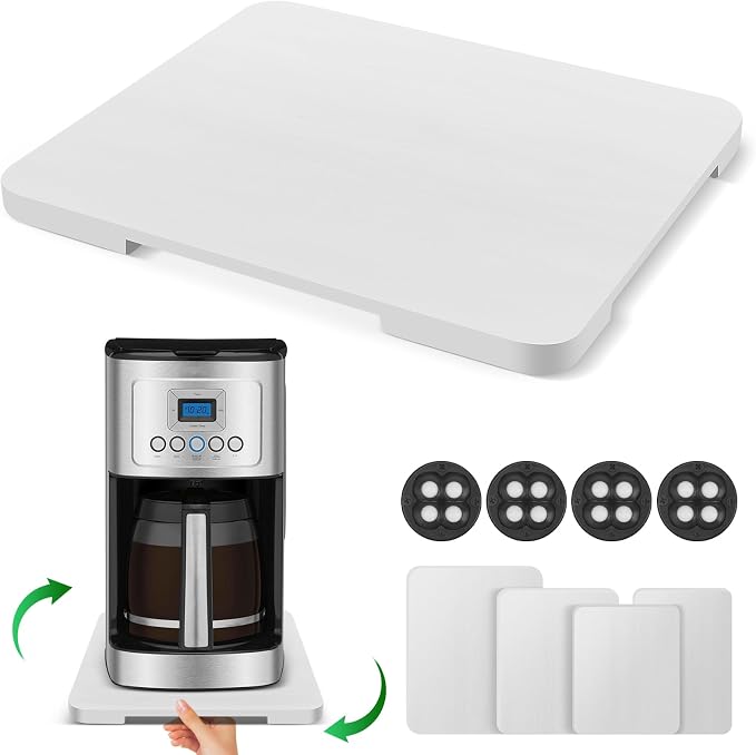 Appliance Slider 360° Rolling Tray for Coffee Maker- Bamboo Coffee Pot Slider Tray Countertop Rotation Sliding Tray with Wheels, Small Appliances Mat White (small 11.8" × 9.8" × 0.6")