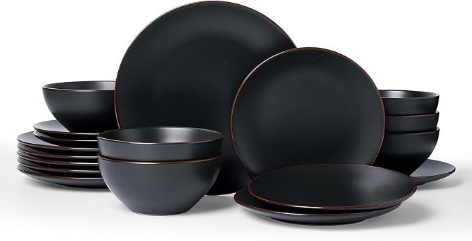 Famiware Venus Plates and Bowls Sets with Trim, 18 Pieces Stoneware Chip‑Resistant Dinnerware Set for 6, Matte Black - Modern Minimalist Dishes, Microwave/Dishwasher Safe for Everyday & Formal Dining