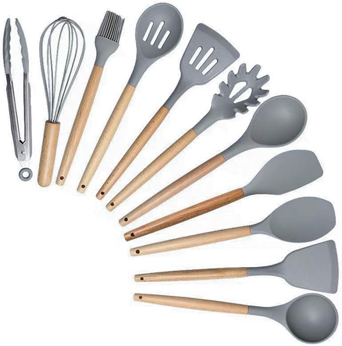 19 in 1 Kitchen Utensils and Knife Set with Storage, Include 11 Piece Silicone Cooking Utensils 5 Pcs Sharp Stainless Steel Chef Knives Scissors Whisk Tongs and Cutting Board GrEY