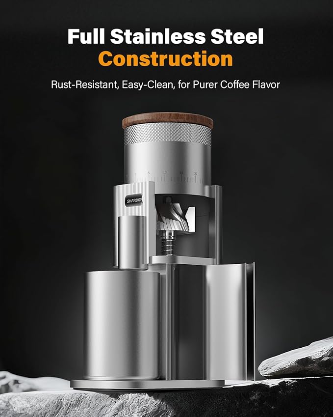SHARDOR All-Metal Single-Dose Coffee Grinder – Quiet DC Motor, Home-use Espresso Grinder, Burr Coffee Grinder, with 80 Settings and an LED Power Display，Silver