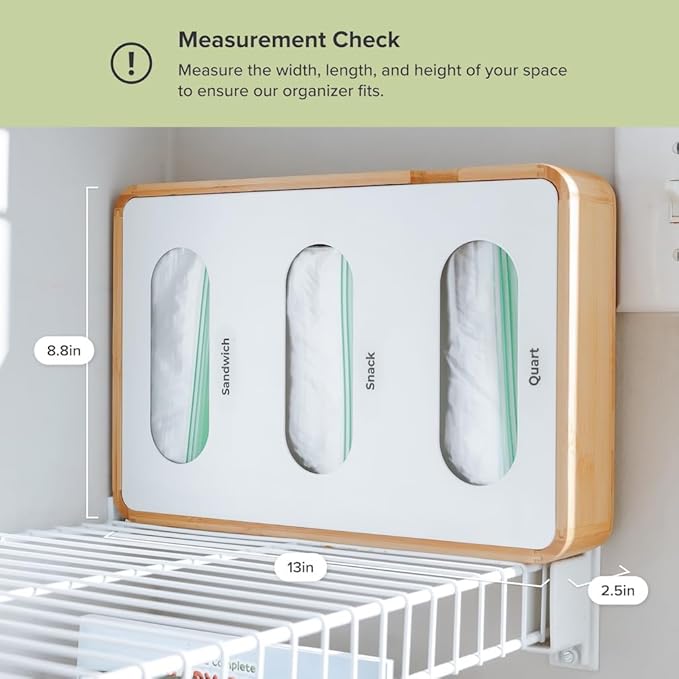 Premium Ziplock Bag Organizer – Kitchen Edge 3-Slot Bamboo Organizer with White Metal, Fits Snack, Sandwich & Quart Bags, Magnetic Top, Non-Slip Base, Wall Mountable, 8.7in x 13in x 2.5in