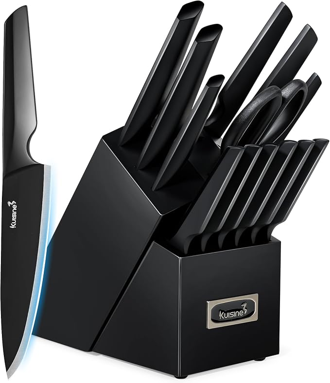 Kuisine Black Knife Set, 15-Piece High Carbon Stainless Steel Ultra Sharp Knife Block Set, Ergonomic Handle with Sharpener for Kitchen(15 PCS Black EX)