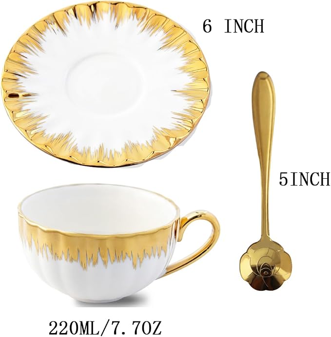 Gold Rimmed Ceramic Coffee Mug with Saucer Cappuccino Mug, 6 oz, for Coffee, Latte, Tea, Set of 6 (gold, Large)