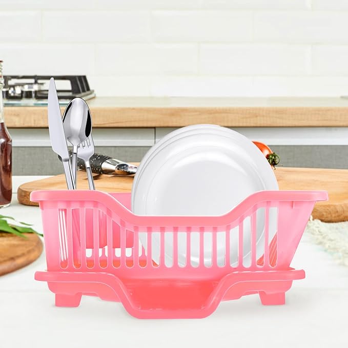 IMIKEYA Sink Dish Rack Drainer Plastic Dish Drying Draining Rack Over The Sink Kitchen Tableware Drying Basket with Cutlery Holder for Kitchen Counter Pink