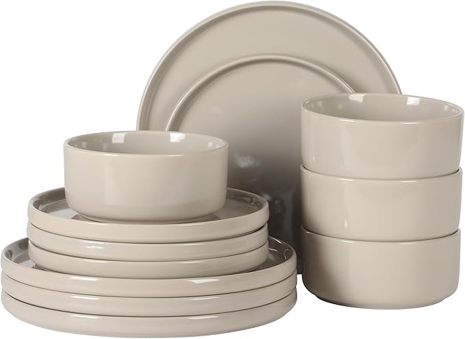 Gibson Elite Moonstone 12 Piece Modern Stoneware Dinnerware Set for 4, Grey Plates and Bowls Set, Dinner Plates, Salad Plates, Bowls