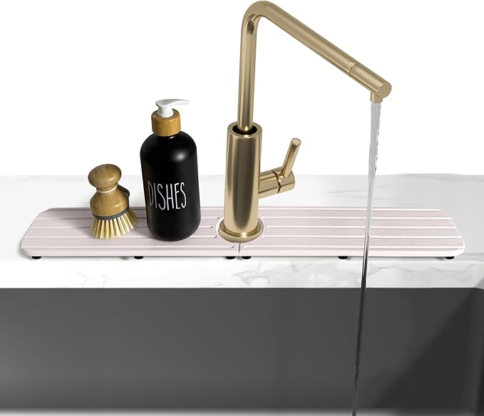 NiuYichee 23.6inch x 4inch Kitchen Sink Faucet Mat, Water Absorbing Stone Faucet Splash Guard for Bathroom Counter, Quick Drying Diatomite Tray for Kitchen Sink, White