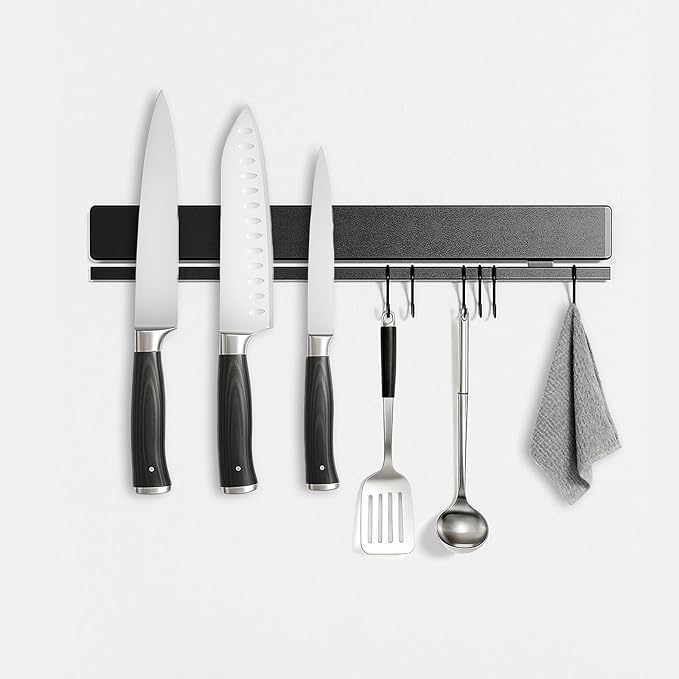 TOUKA 12 Inch Magnetic Knife Holder in Black, 304 Stainless Steel – Double Rods with 6 Hooks for Maximum Strength, No-Drill Adhesive & Screws for Easy Wall Mount