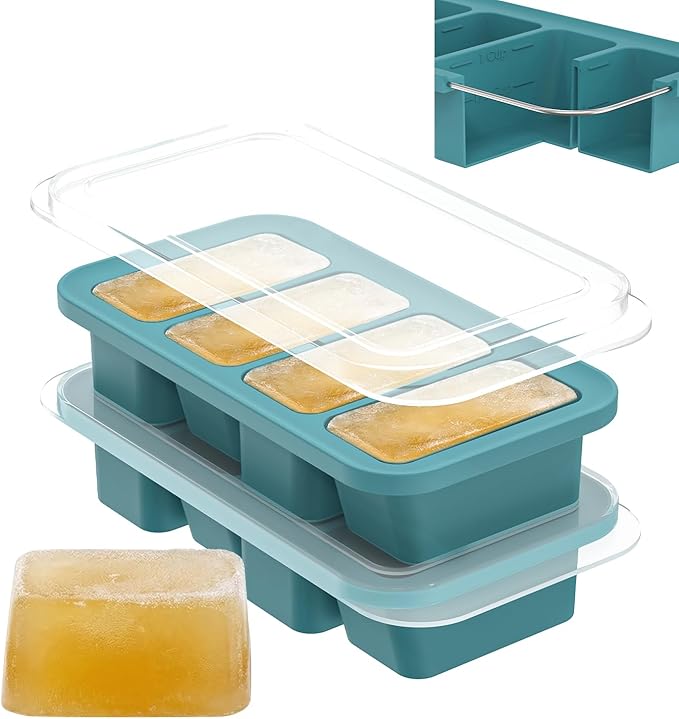 DOQAUS Silicone Freezer Molds, Reinforced Steel Frame 1 Cup Ice Cube Trays with Lid, 2 Pack 4-Cavity BPA-Free Soup Containers for Meal Prep, Kitchen