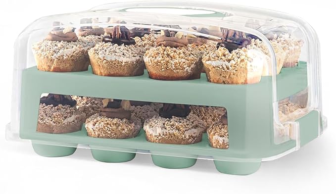 EXTRA TALL DOME 24 Cupcake Carrier, Green Cupcake Holder Carries 24 Cupcake Storage Container, Muffin Traveler Two Tier Stand Reusable Cupcake Box