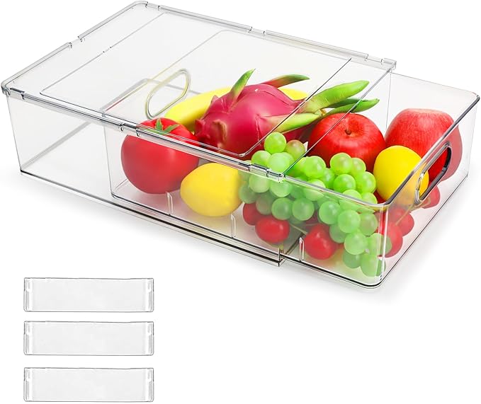 Extra Large Refrigerator Organizer Bins with Pull-out Drawer, Stackable Clear Bins with 3 Dividers, Pantry Organization and Food Storage