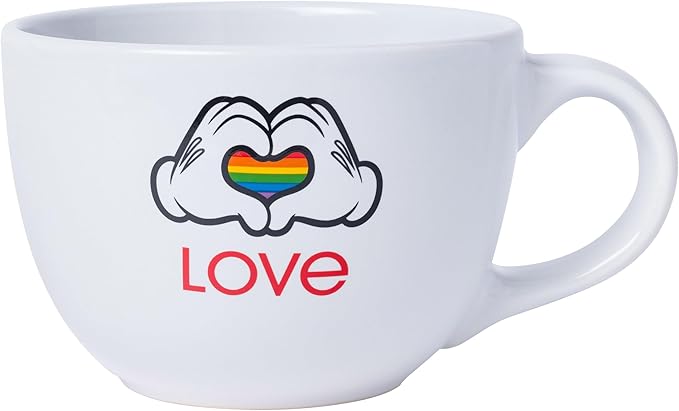 Silver Buffalo Disney Mickey Mouse Hands in Shape of Heart Rainbow Pride Love Ceramic Soup Mug, 24 Ounces