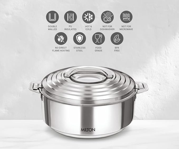 Milton Stainless Steel Casserole Hot Pot 40 Oz (1000 ML) – Serving Bowl with Lid for Hot Food, PU Insulated Design Keeps Food Warm for Hours, Food Container for Home, Kitchen & Dining, Galaxia 1000, Silver