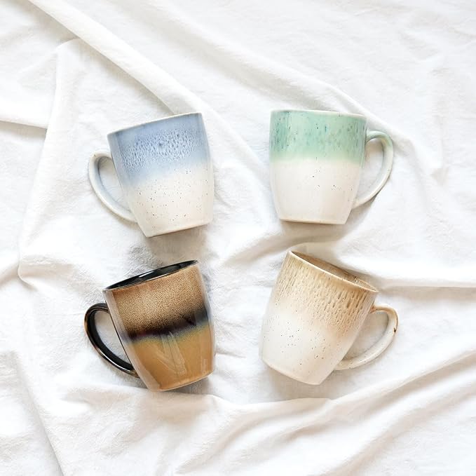 Bosmarlin Ceramic Coffee Mug Set of 4, 17 Oz, 4 Colors to Choose, Tea Cups, Dishwasher and Microwave Safe, Reactive Glaze (Green)