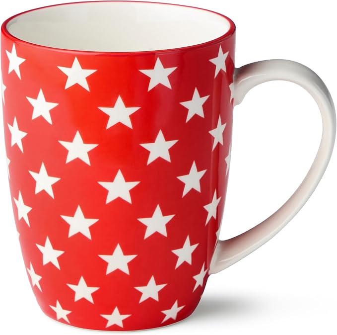 Patriotic Pad Print Porcelain MUGS SET of 6, 14 ounce red white and blue assorted star stripe and flag designs for coffee tea and festive everyday drinkware