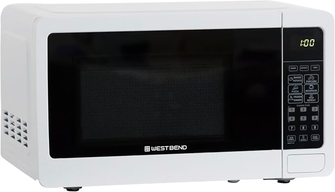 West Bend 0.7 Cu. Ft. Countertop Microwave Oven, 700W with 6 Pre-Programmed Cooking Settings, Speed Defrost, Electronic Control Panel, Rotating Glass Turntable, Add 30 Seconds Button, White