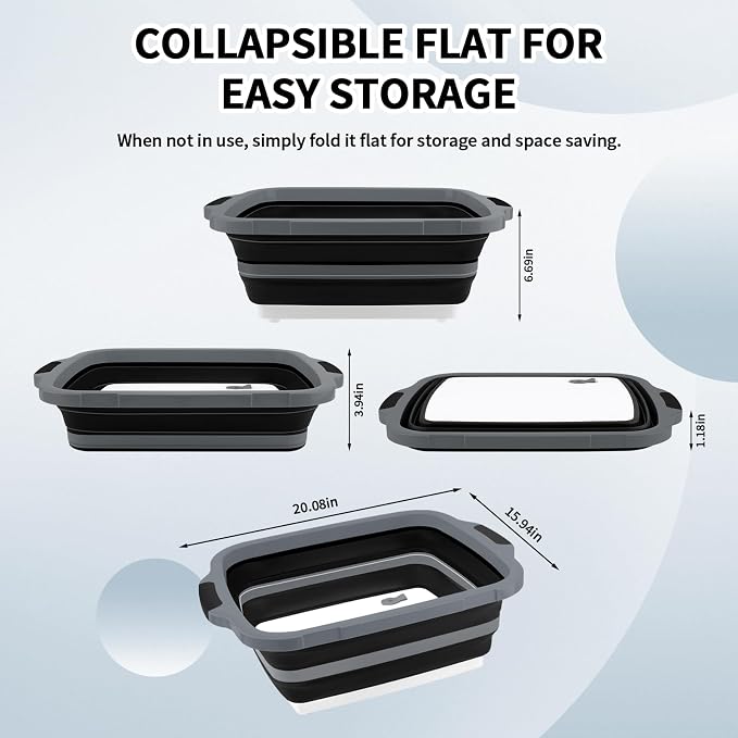 2-Pack XL Collapsible BBQ Prep Tub with Lid (4.22 Gal / 16L) - Built-In Cutting Board & Strainer, Large Meat Marinade Container, Camping Sink & Food Storage Bin for Grilling, Outdoor Cooking - Black