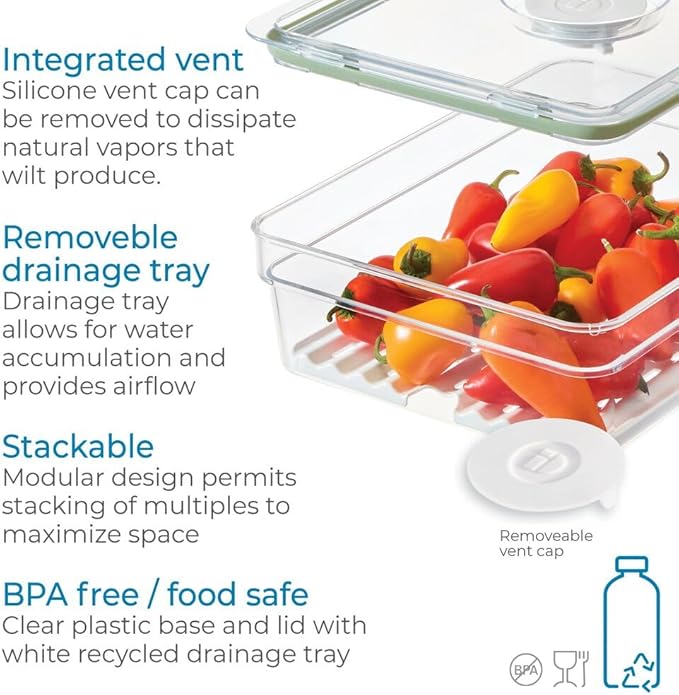 iDesign Large Fridge Produce Bin with Removable Drainage Tray and Lid - Set of 2 - Clear/White