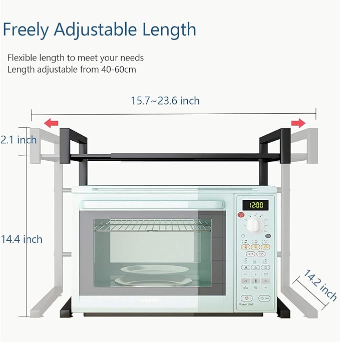 PUSDON Adjustable Carbon Steel Microwave Oven Rack, 2-Tier with 3 Hooks, 55lbs Weight Capacity, White