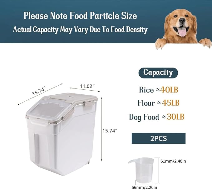 Large Flour Storage Container Bin 50lb, 2Pack Airtight Rice Storage Containers with Wheels Seal Locking Lid, BPA Free with Measuring Cup&Scoop for Flour, Rice, Grain(Gray)