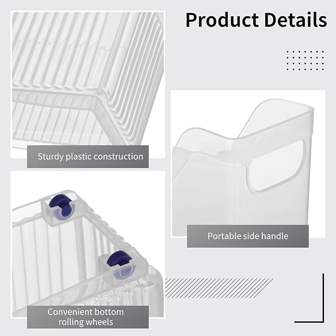 6 Pcs Freezer Drawer Organizer Bins - Clear Plastic Pantry Organizers with Wheels, Tall Narrow Kitchen Organization Rolling Freezer Bins for Bottom Freezer, Storage Containers for Home, Office