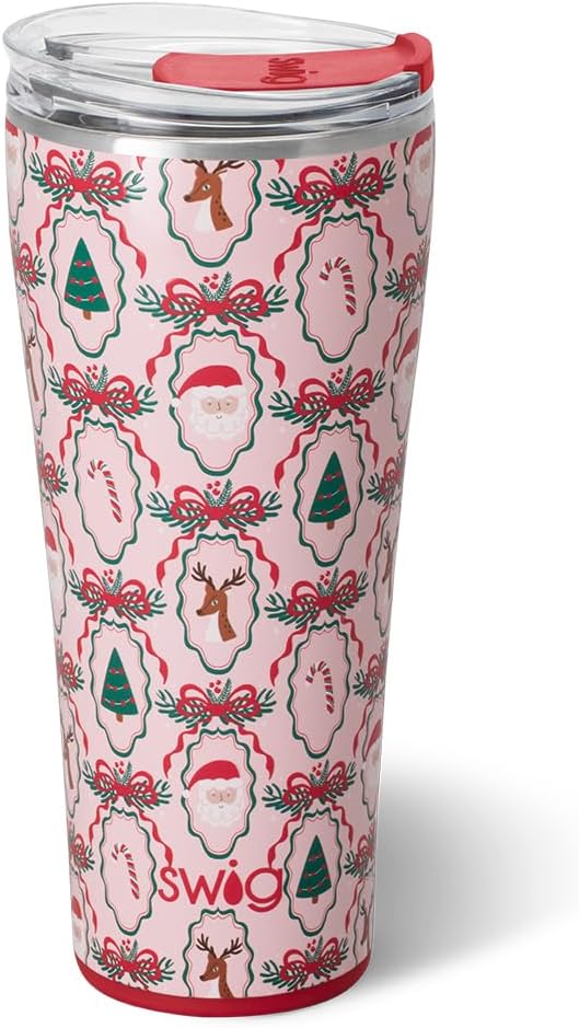 Swig Life 32oz Insulated Tumbler, Travel Coffee Tumbler with Lid, Cup Holder Friendly Travel Coffee Mug, Stainless Steel, 32 oz, Reusable Insulated Mug with Lid (Christmas Cameos)