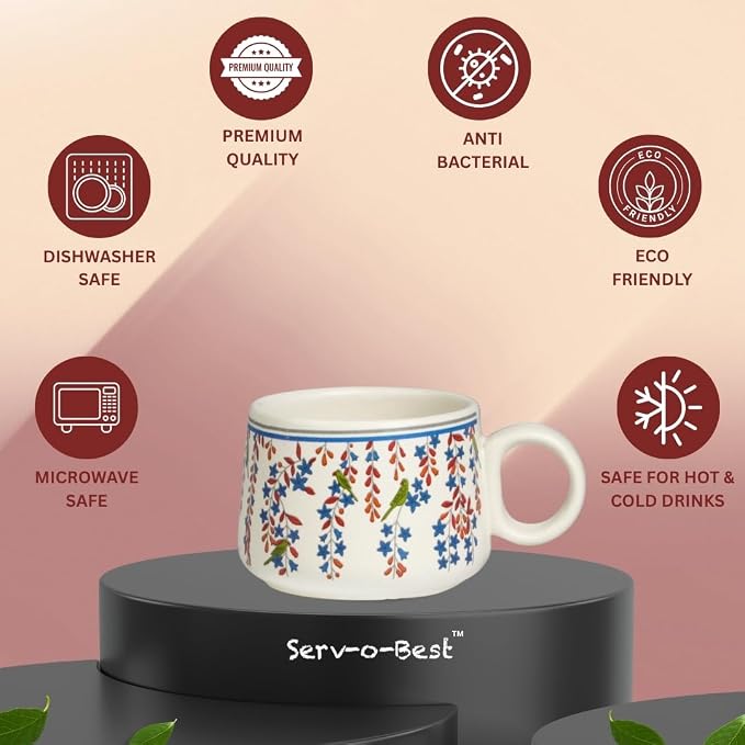 Servo Best Handmade Cermaic Tea Cup Set of 4-5 Oz Small Cups for Espresso, Cappuccino, Tea, Chai – Dishwasher & Microwave Safe – Gift Set for Coffee Lovers, Kitchen, Home, Office - Floral Print