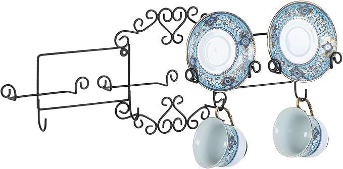 MyGift Vintage Scrollwork Black Metal Wire Tea Coffee Cup and Saucer Set Rack, Wall Mounted Decorative Display Shelf Holds Up to 4 Collectible Plates & Mugs