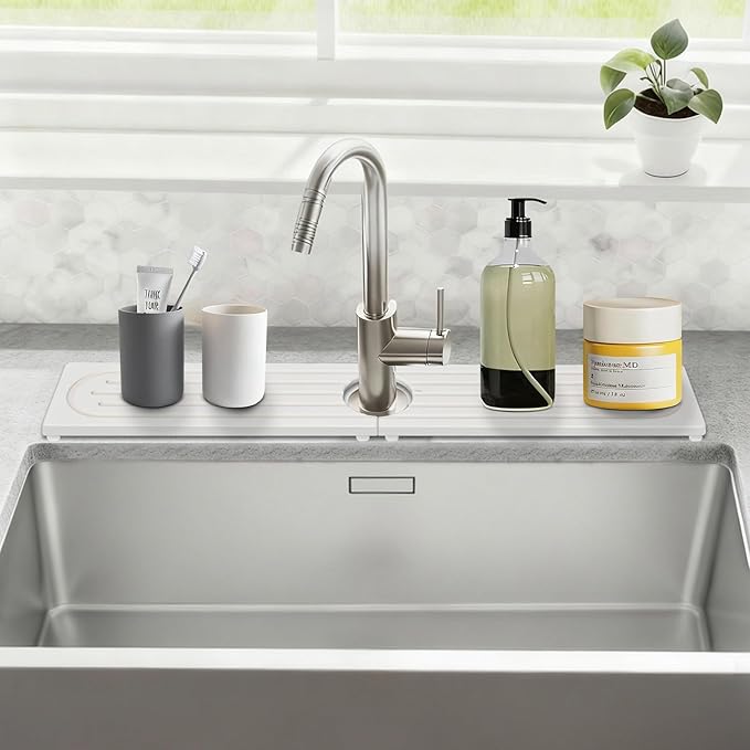 Drying Stone Faucet Mat for Kitchen Sink, 23.9 Inch Long Kitchen Sink Splash Guard Behind Faucet, Stone Drying Tray, Ultra Fast Absorbing Mat Diatomaceous Earth, Pure white