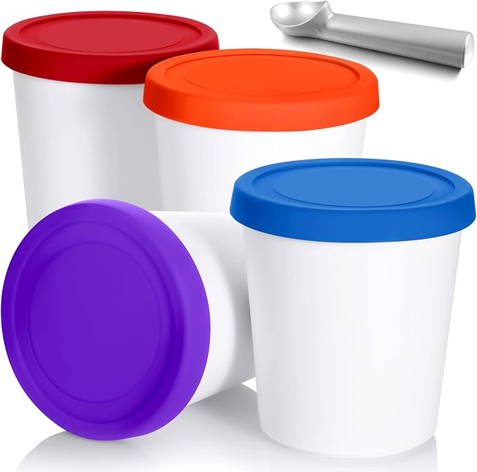 Nuenen 5 Pack Ice Cream Containers 1Qt Freezer Storage Tubs with Silicone Lids and Spoon for Homemade Ice Cream Reusable, Sorbet Dishwasher Safe (Dark Series Colors)