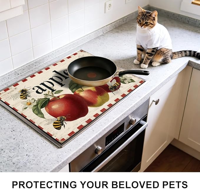 Stove Top Cover for Electric Stove 28.4 x 20.5 Inch Non Slip Stove Mat Oil Proof Apples Bees Glass Cooktop Protector Kitchen Mat