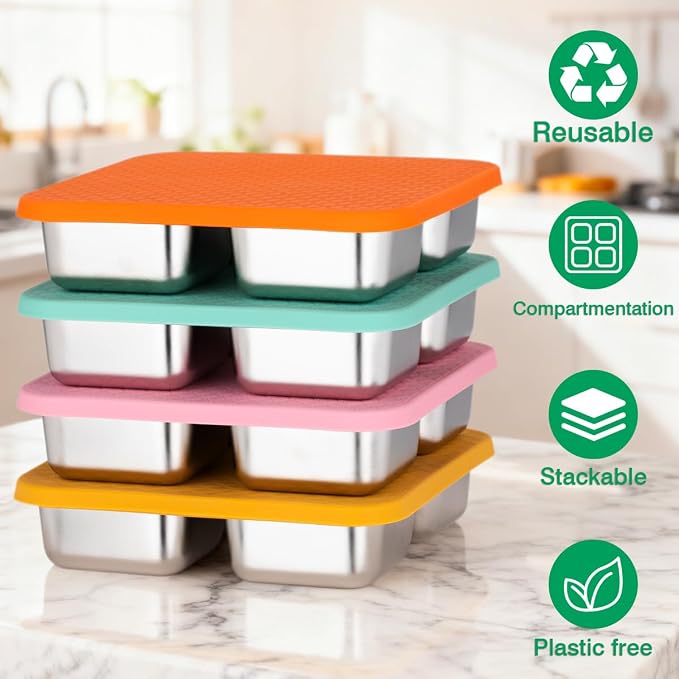 4 Pack Stainless Steel Snack Containers with Lids, Lunchable Container 4 Compartment Snack Containers, Small Bento Lunch Box Divided Food Storage for Portion Control Meal Prep Reusable Snackle