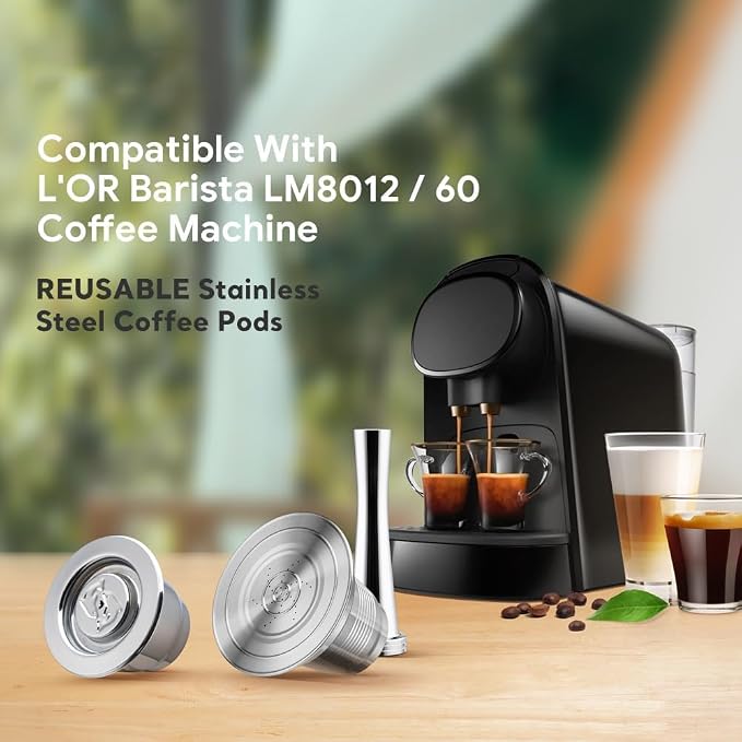 Stainless Steel Coffee Capsules Compatible with L'OR Barista LM8012 / 60 I Refillable Coffee Capsule, Reusable espresso pods Coffee Capsules, Measuring Spoon + Brush with Tamper (Big + Small